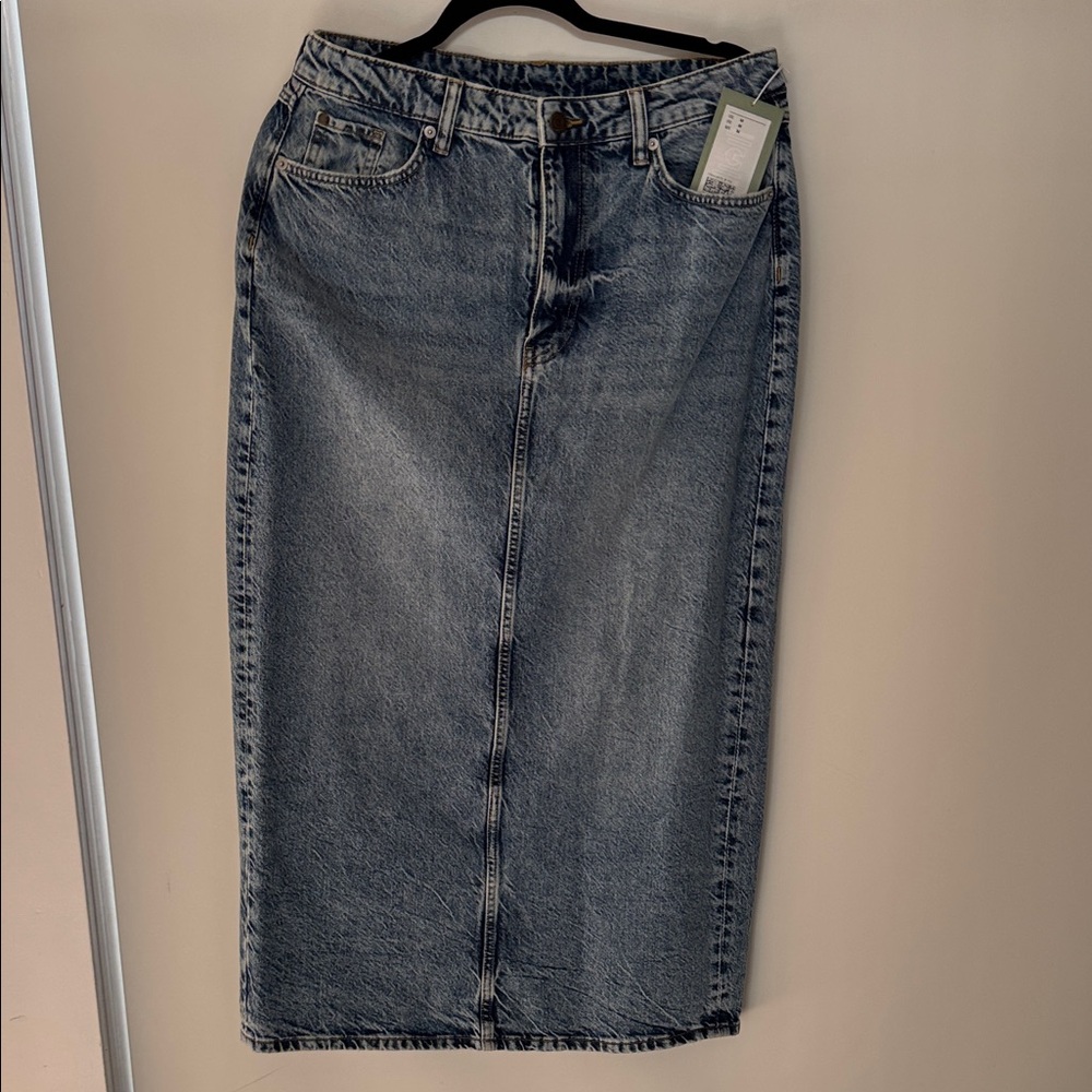 H&M Washed Blue Denim Midi Skirt
